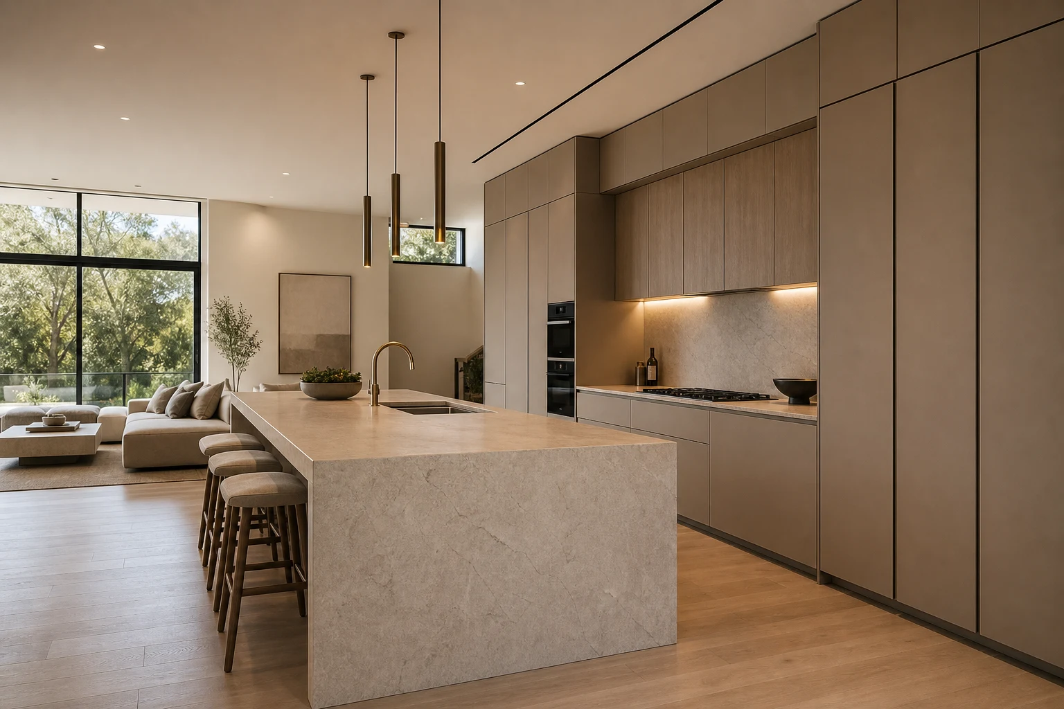 Austin luxury kitchen with seamless panel cabinetry and monolithic stone island.