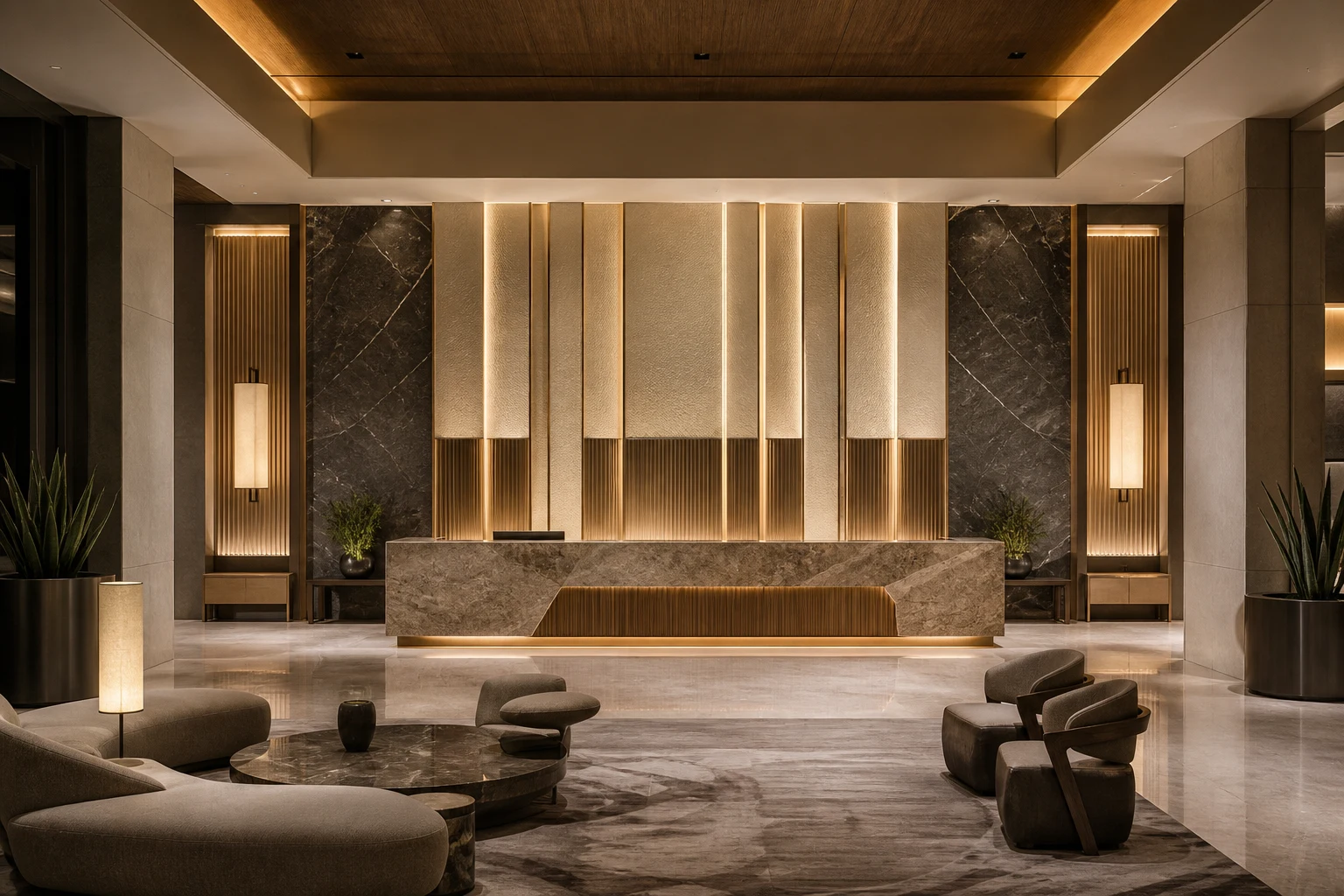 Las Vegas luxury hotel lobby with sculptural reception desk and dramatic custom wall panels.
