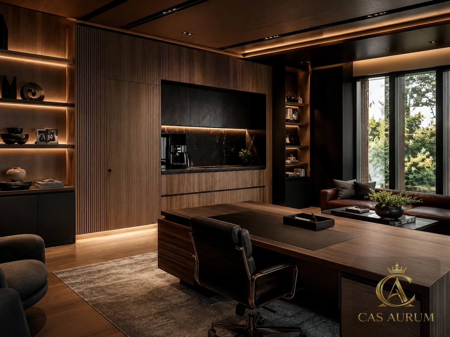 thoughtfully designed executive office lounge with integrated wood wall millwork, shelving, coffee station, warm lighting and dark stone accents by CAS AURUM.