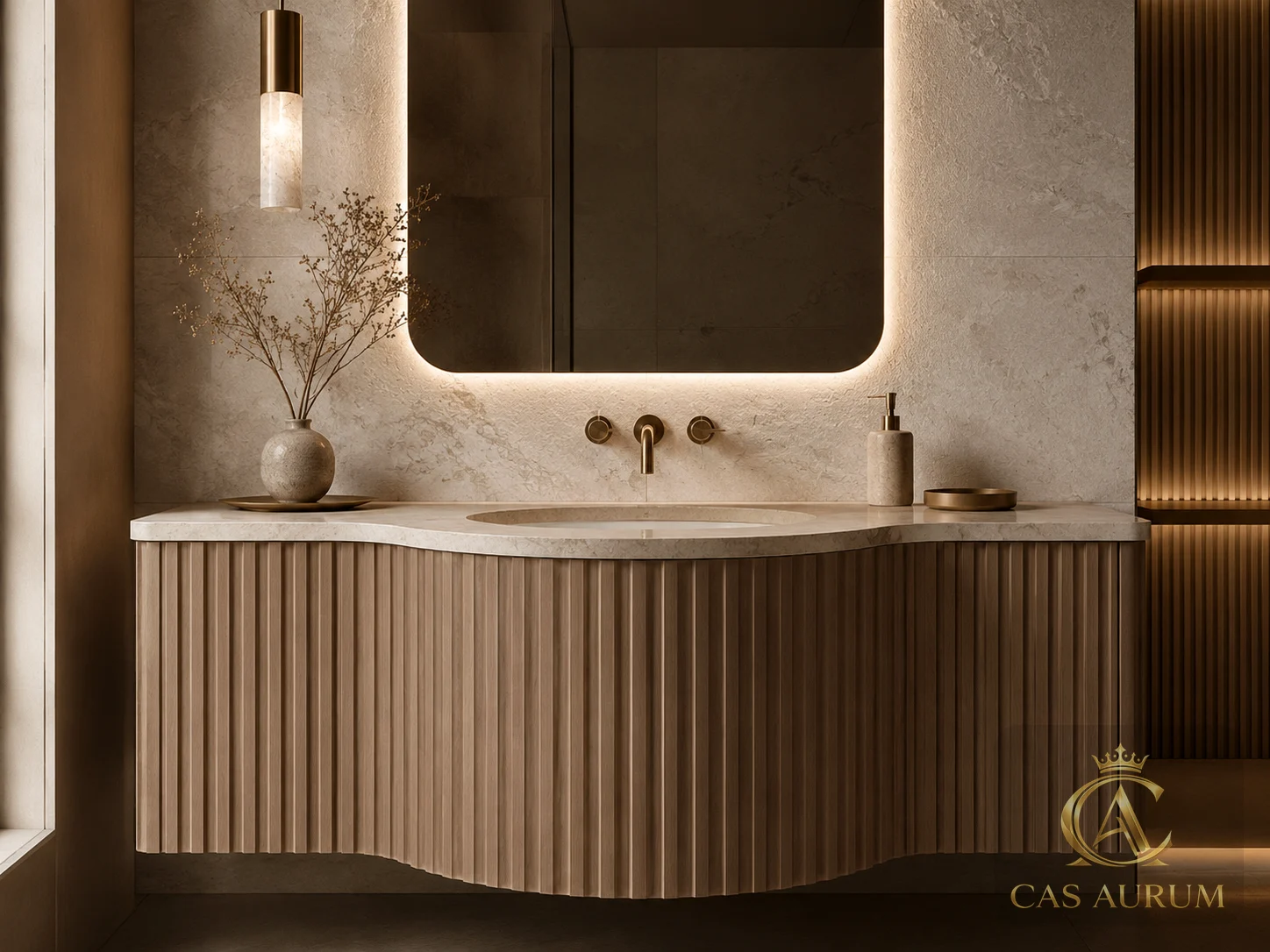 thoughtfully designed fluted bathroom vanity with stone countertop, rounded backlit mirror, brass fixtures and warm custom bathroom lighting by CAS AURUM.