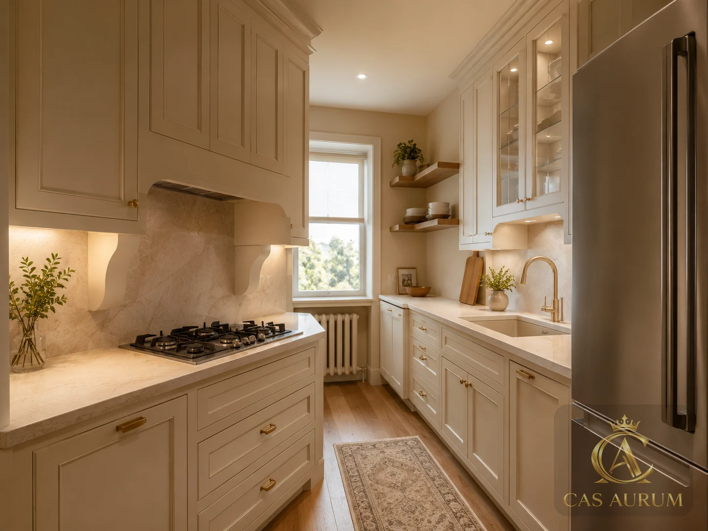 thoughtfully designed ivory kitchen cabinetry with brass hardware, stone backsplash, warm under-cabinet lighting and custom millwork by CAS AURUM.