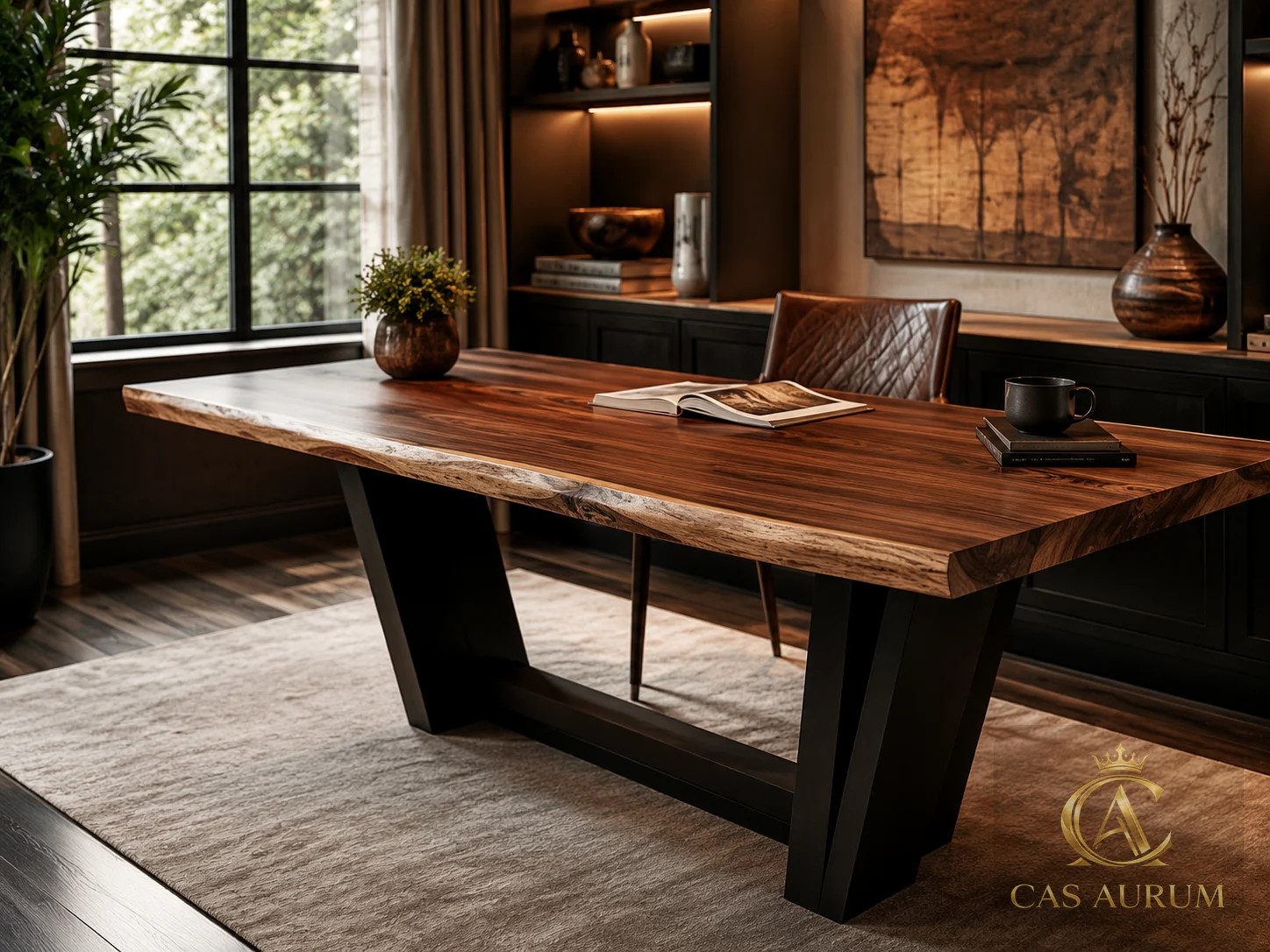 thoughtfully designed live-edge walnut designer table with sculptural dark base in a refined office interior by CAS AURUM.