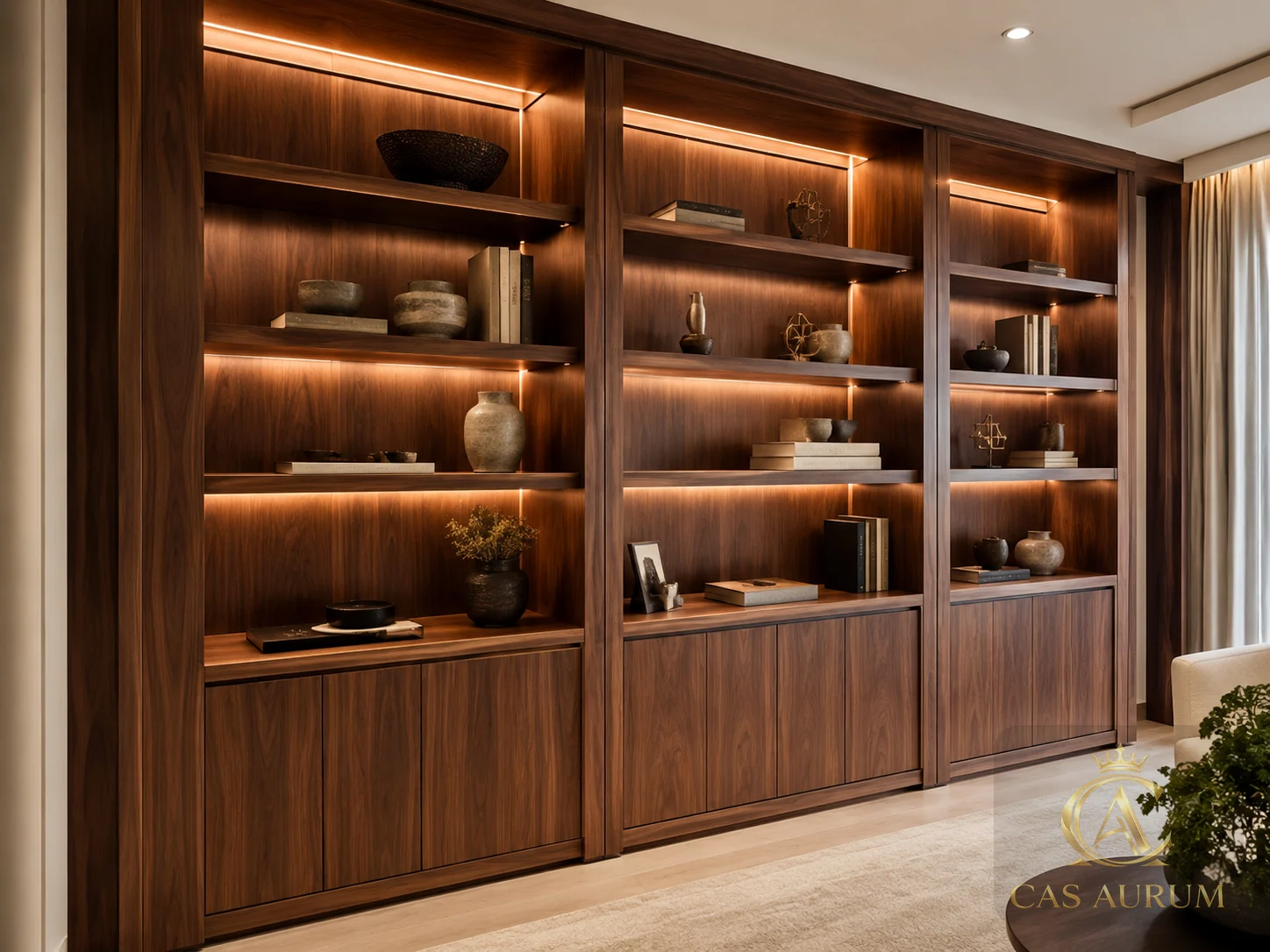 thoughtfully designed walnut built-in bookcase with integrated warm LED shelf lighting and lower storage cabinets by CAS AURUM.