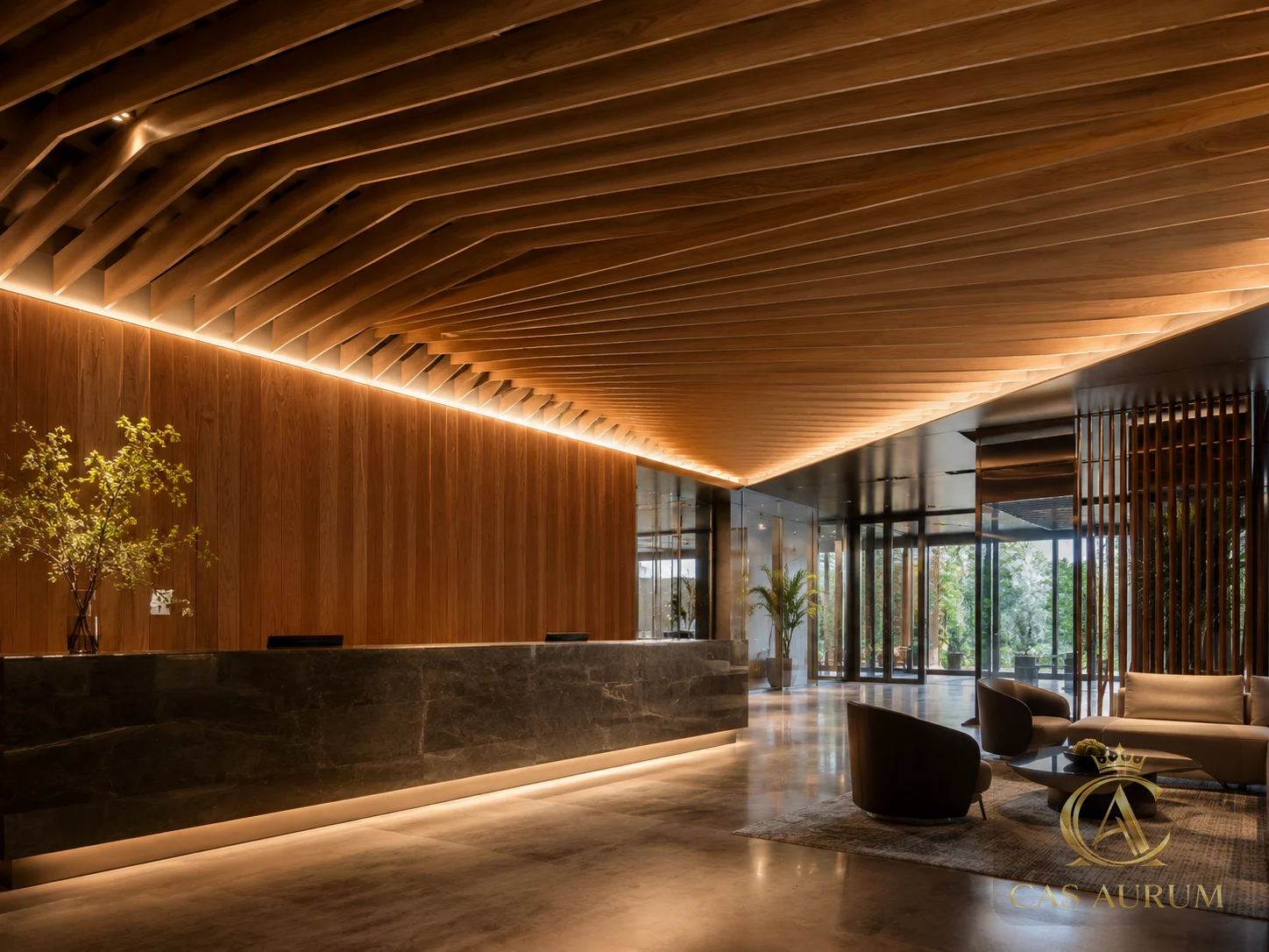 thoughtfully designed wood slat ceiling with integrated warm lighting, stone reception counter and refined lobby millwork by CAS AURUM.