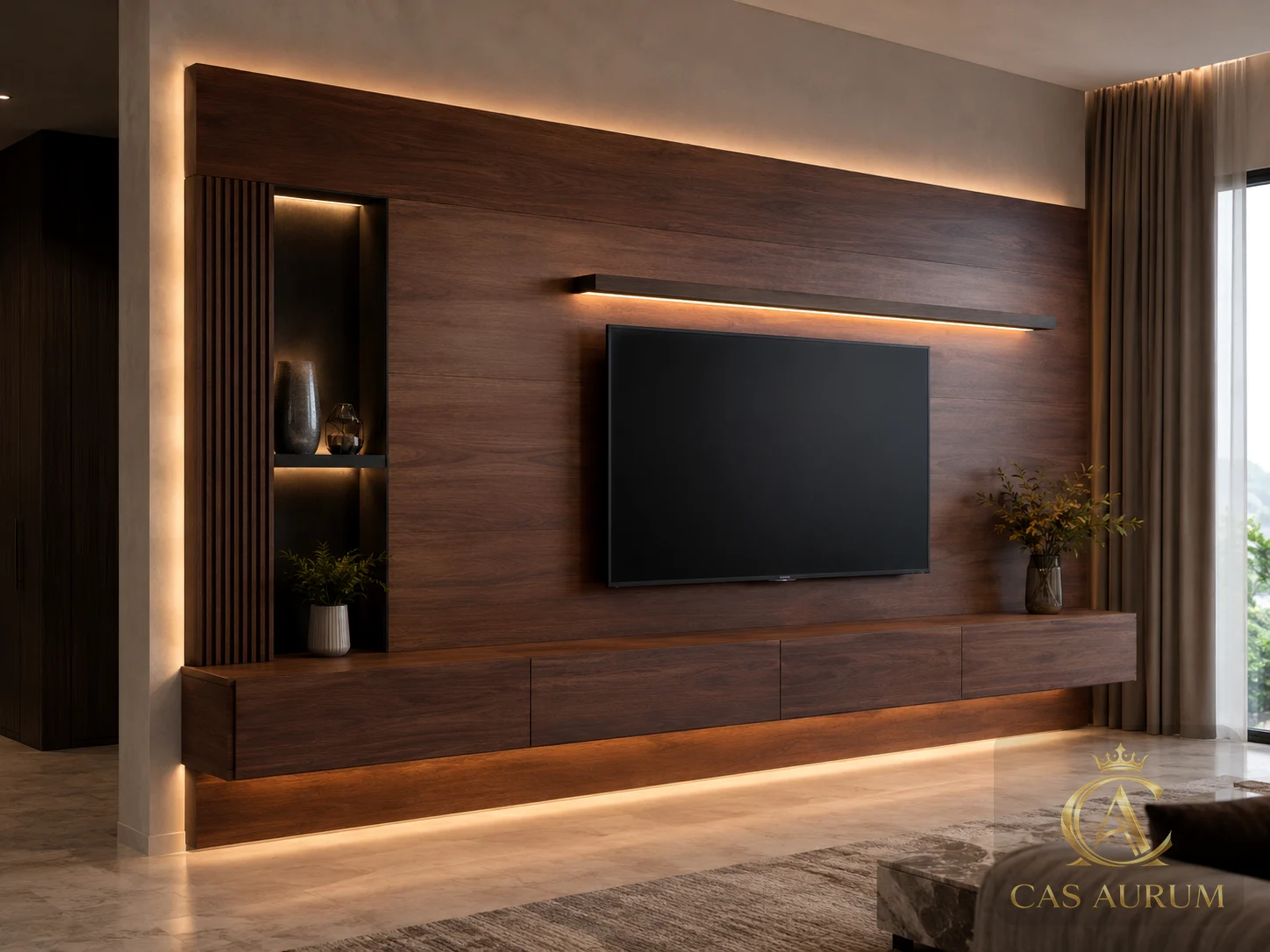 thoughtfully designed wood and stone TV wall unit with integrated LED lighting, floating media cabinet and custom living room millwork by CAS AURUM.